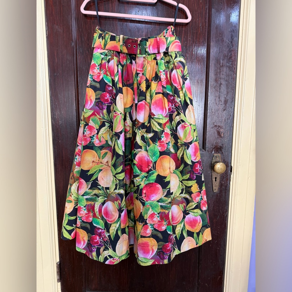 NWT Anthropologie Maeve Orchard Fruit Print Belted Midi Skirt